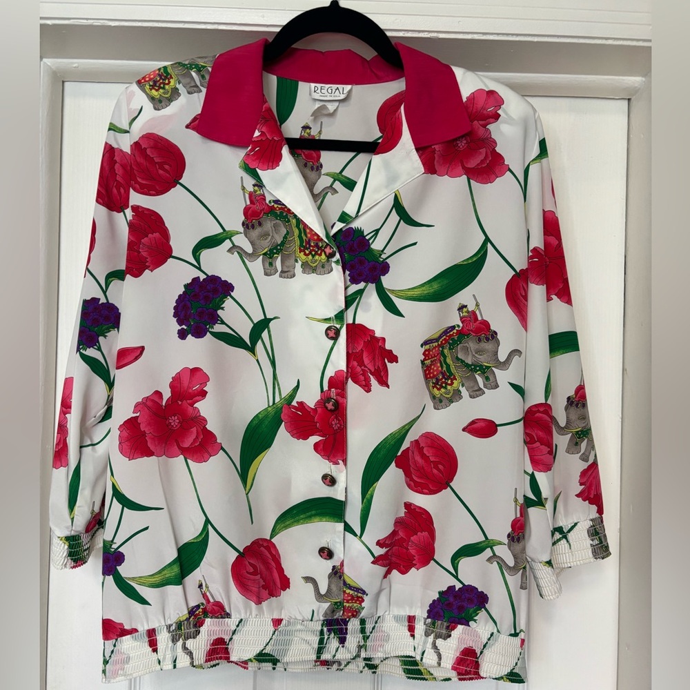 Women's Floral Elephant Blouse - Fushia and White